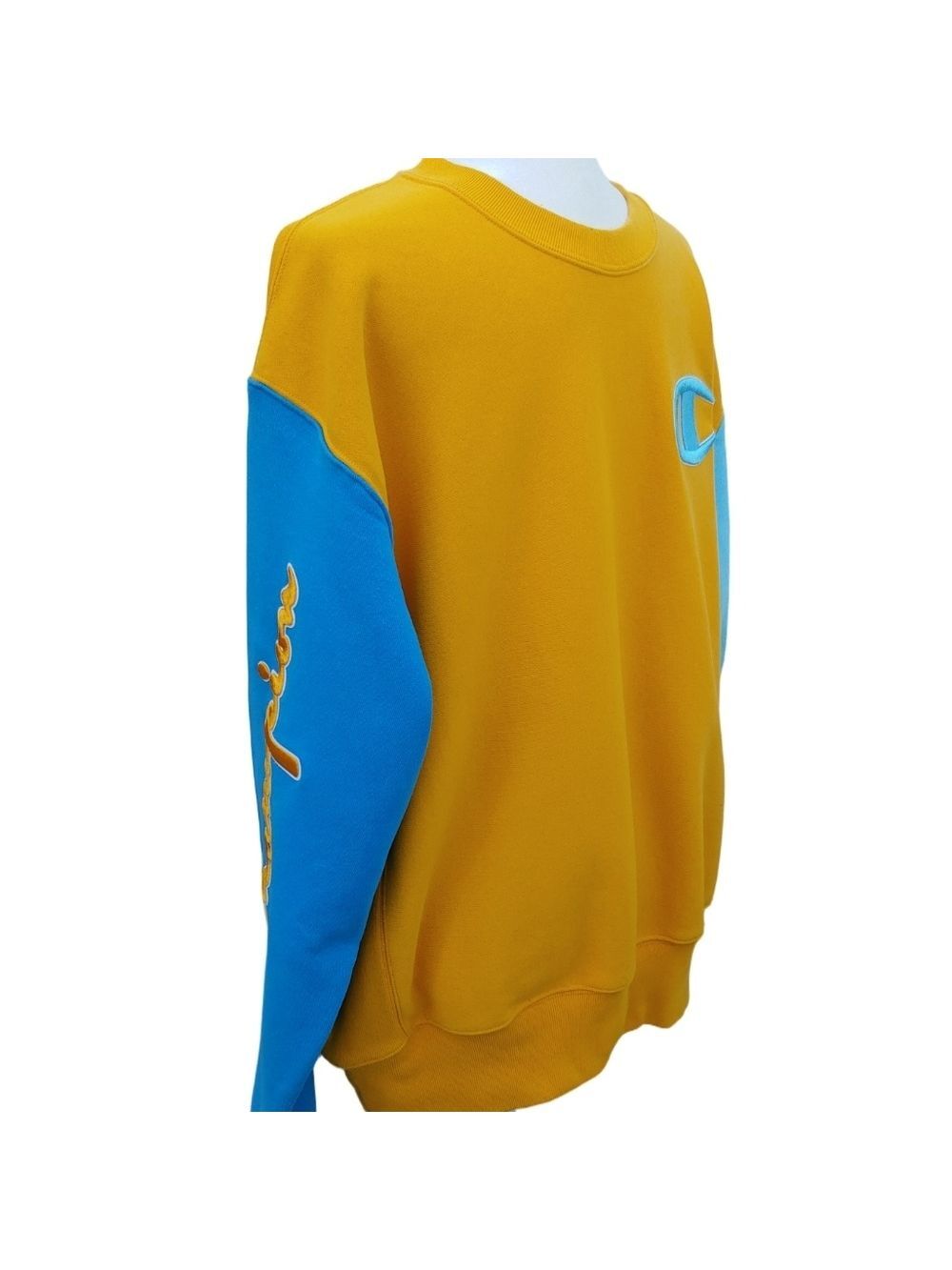 Champion Men's Embroidered Reverse Weave Crewneck in Mustard Teal size Large - Picture 13 of 15